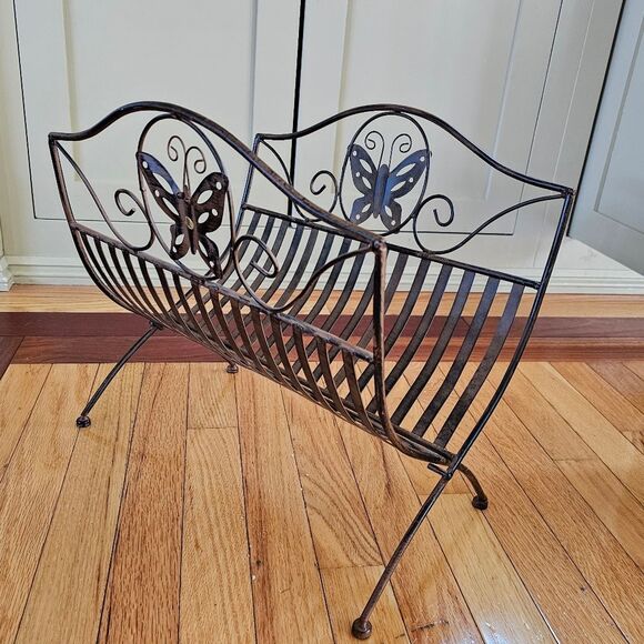 Decorative Folding Metal Magazine Rack with Butterfly Design. Brownish/Black - Picture 2 of 5